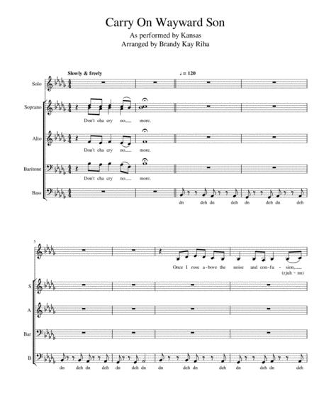 Free Sheet Music Carry On Wayward Son Ssatb A Cappella