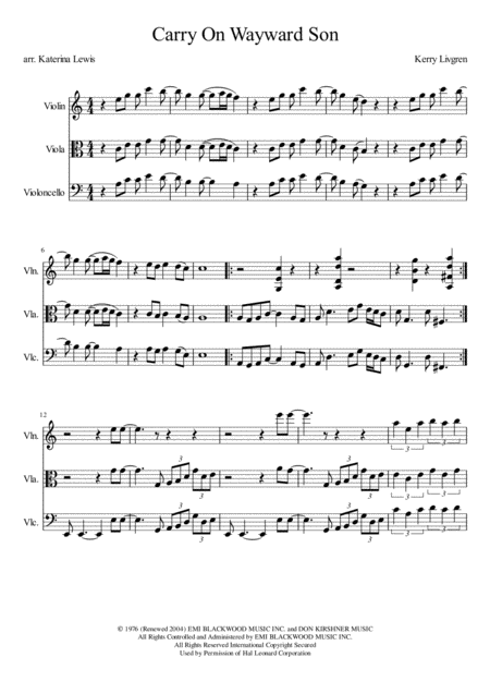 Carry On Wayward Son Violin Viola Cello Sheet Music