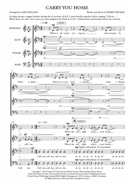 Free Sheet Music Carry You Home Satb A Cappella