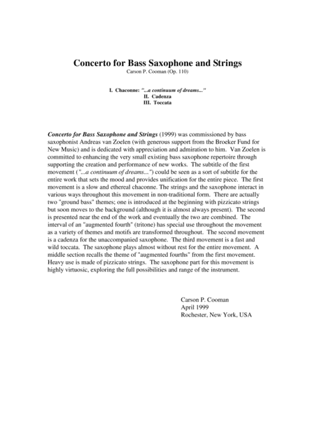Carson Cooman Concerto For Bass Saxophone And Strings 1999 Score And Solo Part Sheet Music