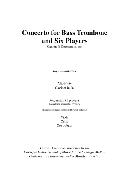 Carson Cooman Concerto For Bass Trombone And Six Players 2006 Score And Parts Sheet Music