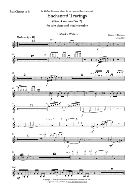 Carson Cooman Enchanted Tracings Piano Concerto No 2 2008 For Solo Piano And Wind Ensemble Bass Clarinet Part Sheet Music