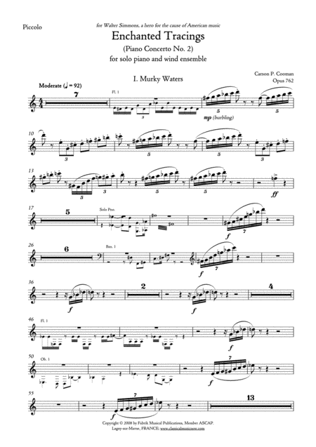 Carson Cooman Enchanted Tracings Piano Concerto No 2 2008 For Solo Piano And Wind Ensemble Piccolo Part Sheet Music