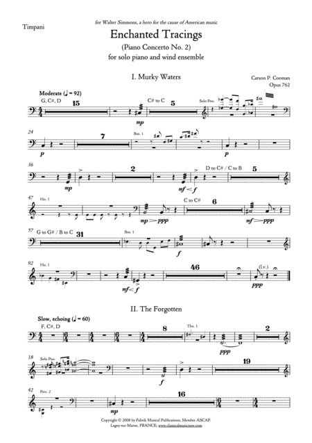 Carson Cooman Enchanted Tracings Piano Concerto No 2 2008 For Solo Piano And Wind Ensemble Timpani Part Sheet Music