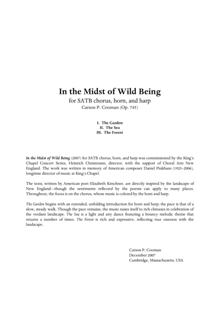 Carson Cooman In The Midst Of Wild Being 2007 For Satb Chorus Horn And Harp Full Score Sheet Music