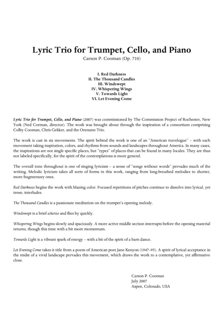 Carson Cooman Lyric Trio For Trumpet Violoncello And Piano Sheet Music