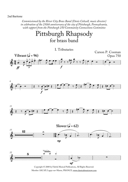 Free Sheet Music Carson Cooman Pittsburgh Rhapsody 2008 For Brass Band 2nd Bb Baritone Part