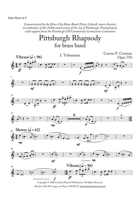 Free Sheet Music Carson Cooman Pittsburgh Rhapsody 2008 For Brass Band Solo F Horn Part