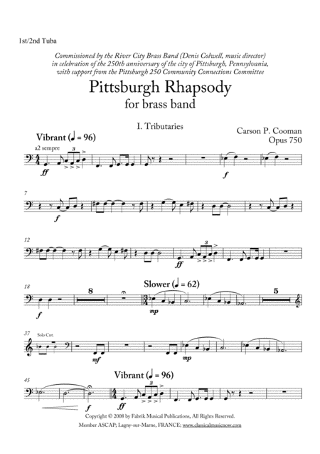 Carson Cooman Pittsburgh Rhapsody 2008 For Brass Band Tuba 1 2 Part Sheet Music