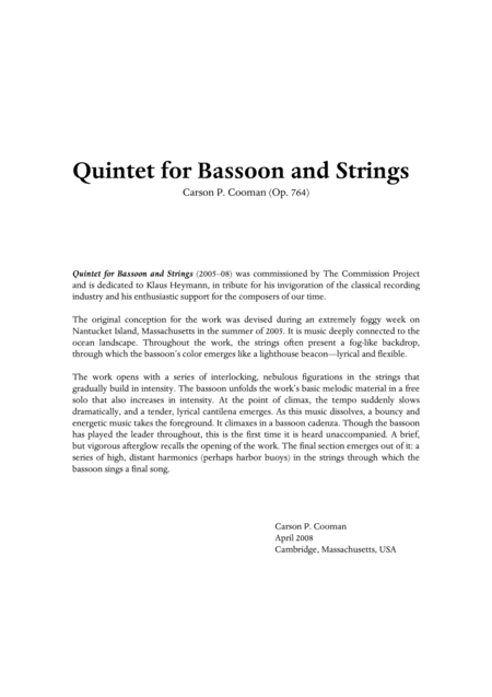 Carson Cooman Quintet For Bassoon And Strings 2005 08 For Bassoon And String Quartet Sheet Music