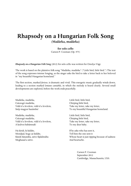 Carson Cooman Rhapsody On A Hungarian Folk Song 2012 For Solo Cello Sheet Music