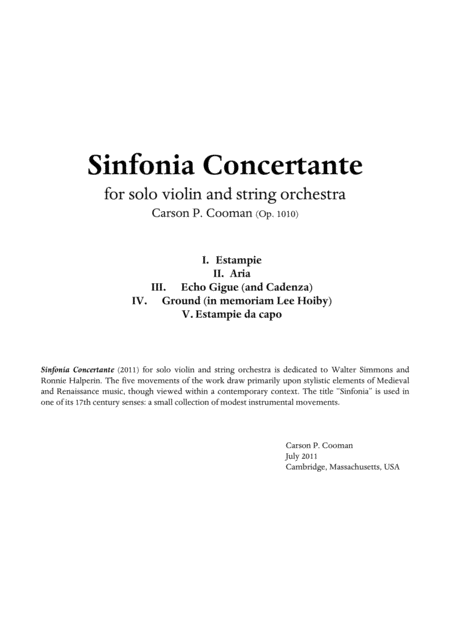 Carson Cooman Sinfonia Concertante For Solo Violin And String Orchestra Score And Parts Sheet Music