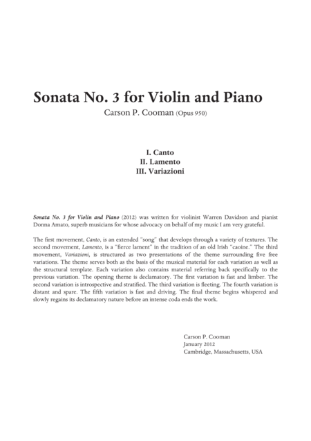 Carson Cooman Sonata No 3 For Violin And Piano 2012 Sheet Music