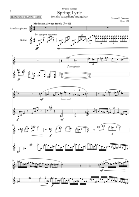 Carson Cooman Spring Lyric For Alto Saxophone And Guitar Sheet Music