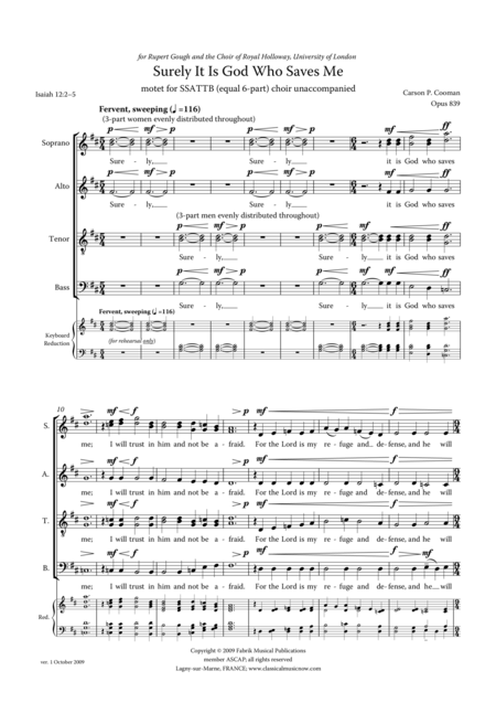 Carson Cooman Surely It Is God Who Saves Me Motet For Ssattb Equal 6 Part Choir Unaccompanied Sheet Music