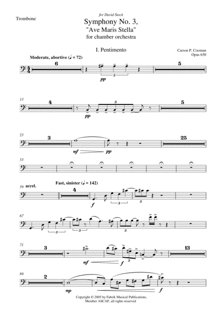 Carson Cooman Symphony No 3 Ave Maris Stella 2005 For Chamber Orchestra Trombone Part Sheet Music