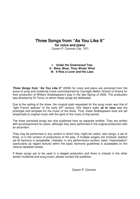 Carson Cooman Three Songs From As You Like It For Voice And Piano Sheet Music