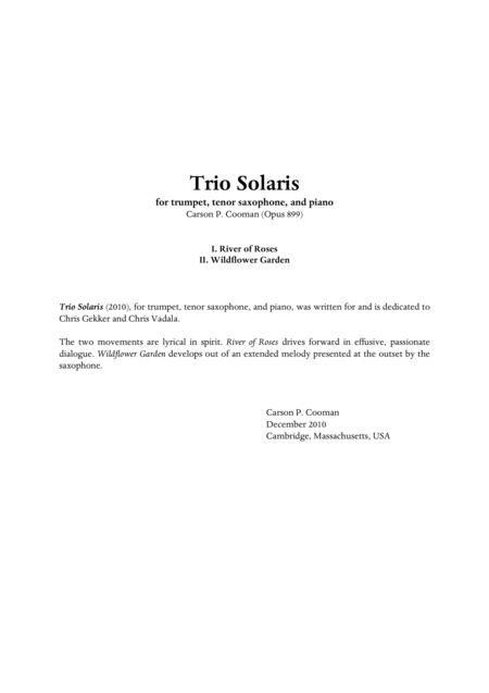 Free Sheet Music Carson Cooman Trio Solaris 2010 For Trumpet Tenor Saxophone And Piano