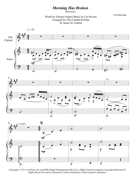 Free Sheet Music Cat Stevens Morning Has Broken For Alto Clarinet Piano