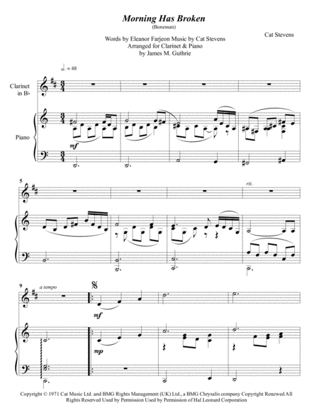 Free Sheet Music Cat Stevens Morning Has Broken For Clarinet Piano