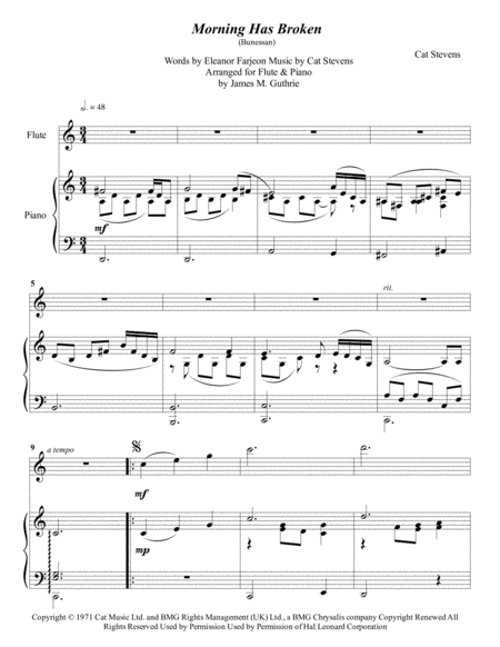 Free Sheet Music Cat Stevens Morning Has Broken For Flute Piano