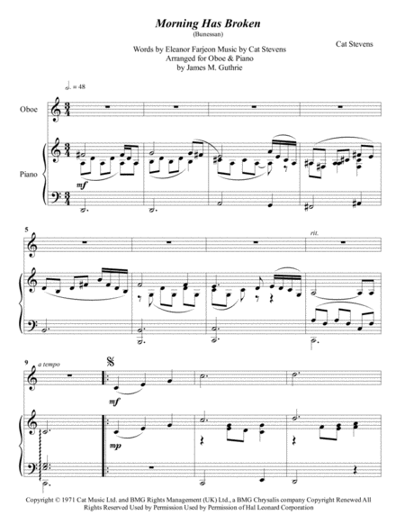 Free Sheet Music Cat Stevens Morning Has Broken For Oboe Piano