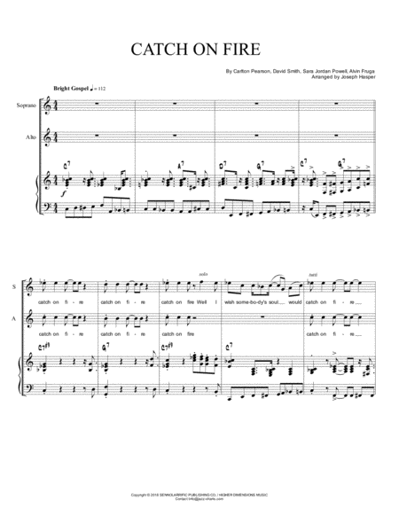 Catch On Fire Soprano Alto With Piano Bass And Drum Parts Sheet Music