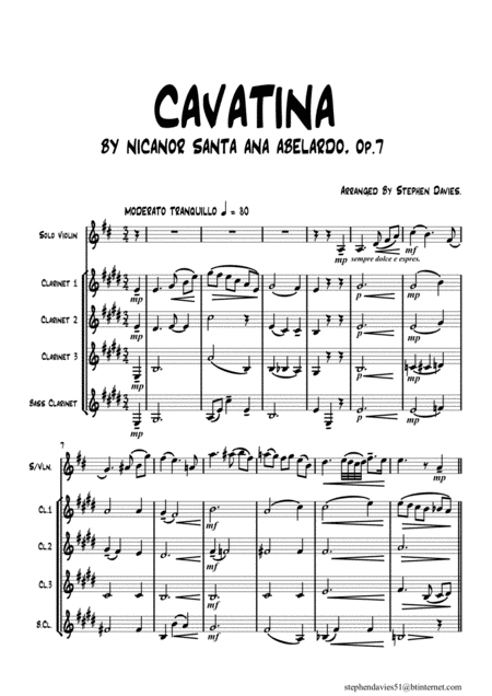 Cavatina By Nicanor Santa Ana Abdelardo For Solo Violin Clarinet Quintet Sheet Music