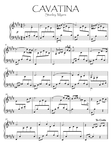 Cavatina By Stanley Myers Piano Solo Sheet Music