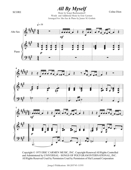 Celine Dion All By Myself For Alto Sax Piano Sheet Music