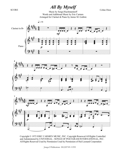 Celine Dion All By Myself For Clarinet Piano Sheet Music