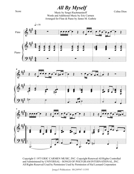 Celine Dion All By Myself For Flute Piano Sheet Music