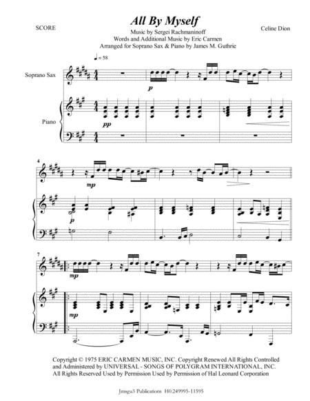 Celine Dion All By Myself For Soprano Sax Piano Sheet Music