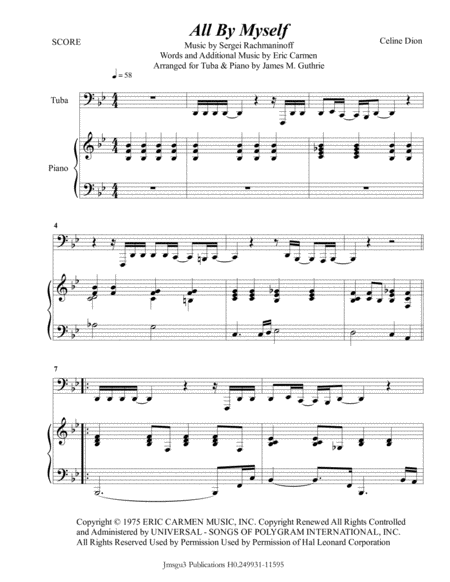 Celine Dion All By Myself For Tuba Piano Sheet Music