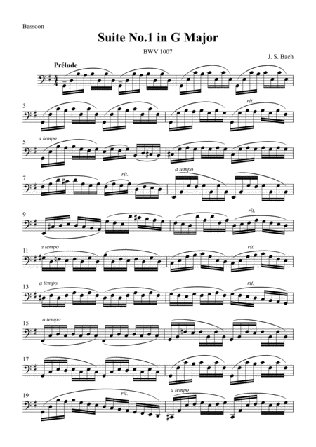 Free Sheet Music Cello Suite No 1 I Prelude For Bassoon Js Bach Bwv1007