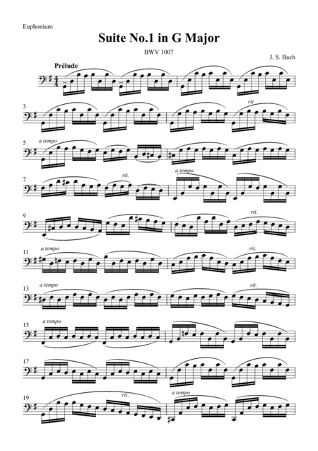 Free Sheet Music Cello Suite No 1 I Prelude For Euphonium Js Bach Bwv1007