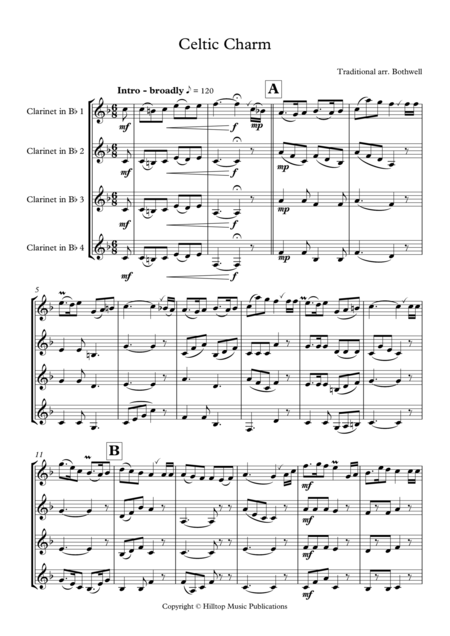 Free Sheet Music Cetic Charms For Four Clarinets