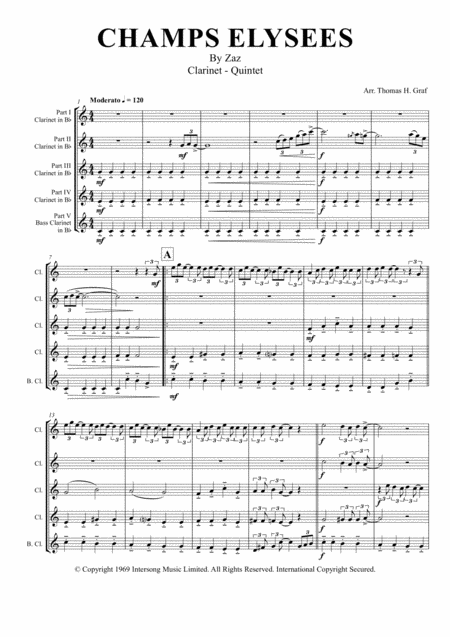 Champs Elysees Zaz Clarinet Quintet Sheet Music