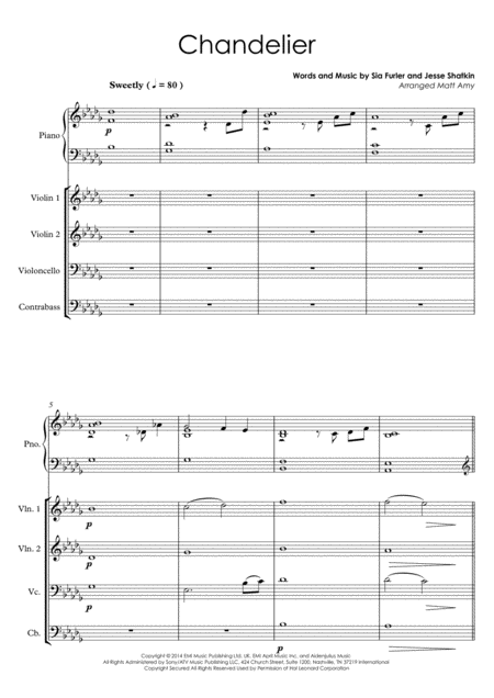 Chandelier Piano Solo And String Orchestra Or String Quartet Sheet Music