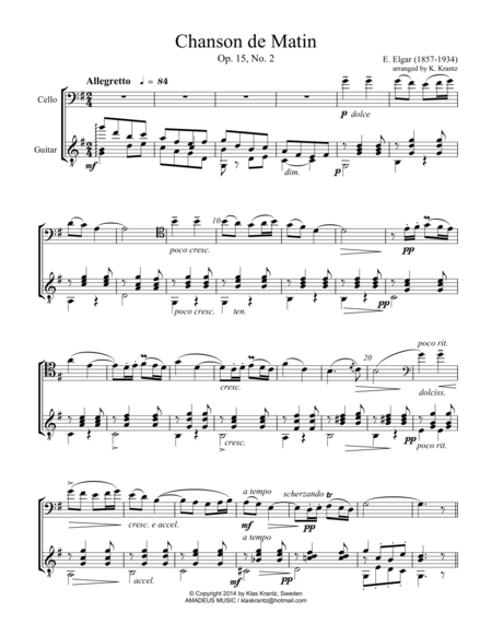 Free Sheet Music Chanson De Matin Op 15 For Cello And Guitar