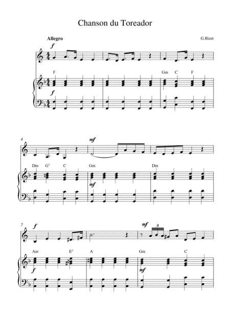 Free Sheet Music Chanson Du Toreador From Carmen