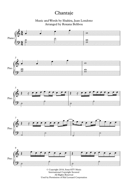 Chantaje A Minor By Shakira Easy Piano Sheet Music