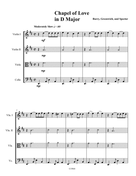 Chapel Of Love For String Quartet Sheet Music