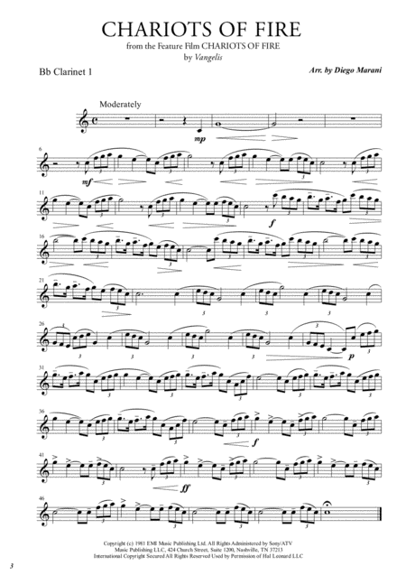 Free Sheet Music Chariots Of Fire From The Feature Film Chariots Of Fire For Clarinet Quartet