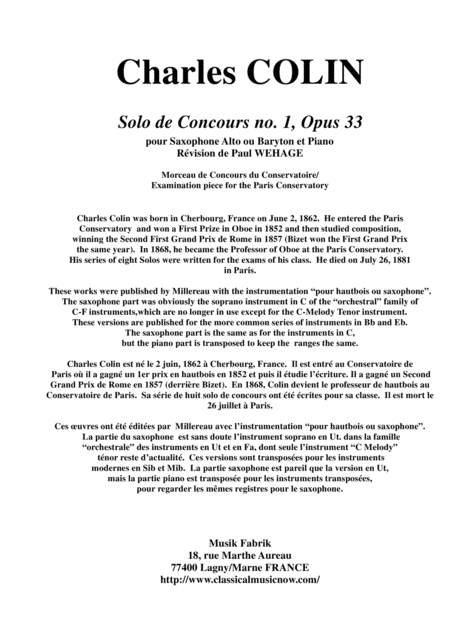 Free Sheet Music Charles Colin Solo De Concours No 1 Opus 33 Arranged For Eb Alto Or Baritone Saxophone And Piano