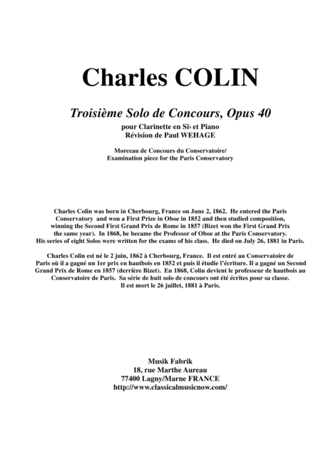 Free Sheet Music Charles Colin Solo De Concours No 3 Opus 40 Arranged For Bb Clarinet And Piano