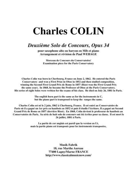 Free Sheet Music Charles Colin Solo De Concours Opus 34 Arranged For English Horn And Piano