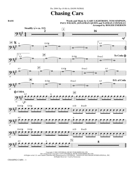 Chasing Cars Arr Roger Emerson Bass Sheet Music