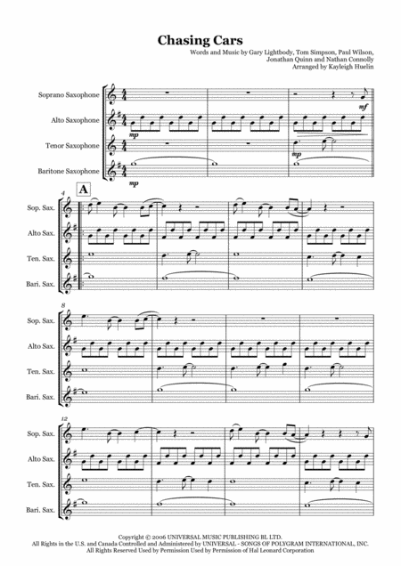 Free Sheet Music Chasing Cars By Snow Patrol Saxophone Quartet Satb