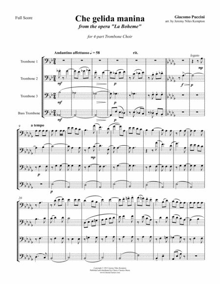 Che Gelida Manina From La Boheme For 4 Part Trombone Choir Sheet Music